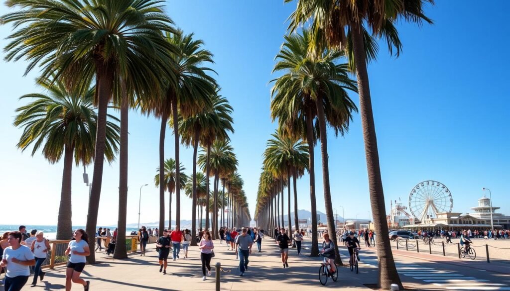 A sun-drenched beachfront promenade in Santa Monica, California. Towering palm trees sway gently in the ocean breeze, casting dappled shadows across the bustling pedestrian walkway. In the foreground, joggers and cyclists weave through the crowd, while skaters and rollerbladers glide effortlessly past. The iconic Santa Monica Pier stretches out into the distance, its historic Ferris wheel and amusement park rides silhouetted against a brilliant blue sky. The scene is bathed in warm, golden light, evoking a sense of laidback, West Coast charm. A perfect setting for a sunny day spent exploring the coast and enjoying the vibrant energy of Los Angeles. A sun-drenched beachfront promenade in Santa Monica, California. Towering palm trees sway gently in the ocean breeze, casting dappled shadows across the bustling pedestrian walkway. In the foreground, joggers and cyclists weave through the crowd, while skaters and rollerbladers glide effortlessly past. The iconic Santa Monica Pier stretches out into the distance, its historic Ferris wheel and amusement park rides silhouetted against a brilliant blue sky. The scene is bathed in warm, golden light, evoking a sense of laidback, West Coast charm. A perfect setting for a sunny day spent exploring the coast and enjoying the vibrant energy of Los Angeles.