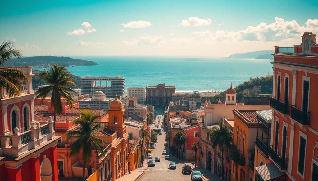 A sun-drenched cityscape of San Juan, the vibrant capital of Puerto Rico. In the foreground, the historic cobblestone streets and brightly colored colonial architecture of Old San Juan, with its iconic forts, plazas, and churches. In the middle ground, the modern high-rise skyline and palm trees sway gently in the tropical breeze. In the distance, the deep blue waters of the Caribbean Sea and the lush hills surrounding the city. Warm, golden sunlight bathes the scene, casting long shadows and highlighting the unique architecture. A cinematic, picturesque view that captures the essence of Puerto Rico's most iconic destination. A sun-drenched cityscape of San Juan, the vibrant capital of Puerto Rico. In the foreground, the historic cobblestone streets and brightly colored colonial architecture of Old San Juan, with its iconic forts, plazas, and churches. In the middle ground, the modern high-rise skyline and palm trees sway gently in the tropical breeze. In the distance, the deep blue waters of the Caribbean Sea and the lush hills surrounding the city. Warm, golden sunlight bathes the scene, casting long shadows and highlighting the unique architecture. A cinematic, picturesque view that captures the essence of Puerto Rico's most iconic destination.