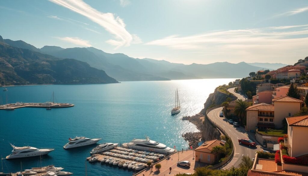 A sun-drenched coastal scene along the French Riviera, capturing the essence of the Côte d'Azur. In the foreground, a picturesque harbor with sleek yachts and sailboats gently rocking in the azure waters. Surrounding the harbor, charming pastel-colored buildings with terracotta roofs line the promenade, their balconies adorned with vibrant flowers. In the middle ground, a winding seaside road curves along the cliffs, offering stunning views of the sparkling Mediterranean Sea. In the distance, the silhouettes of the dramatic, rugged hills provide a majestic backdrop, casting long shadows over the scene. Warm, golden sunlight filters through wispy clouds, creating a serene, dreamlike atmosphere. A perfect representation of the French Riviera's alluring blend of glamour, natural beauty, and Mediterranean charm.