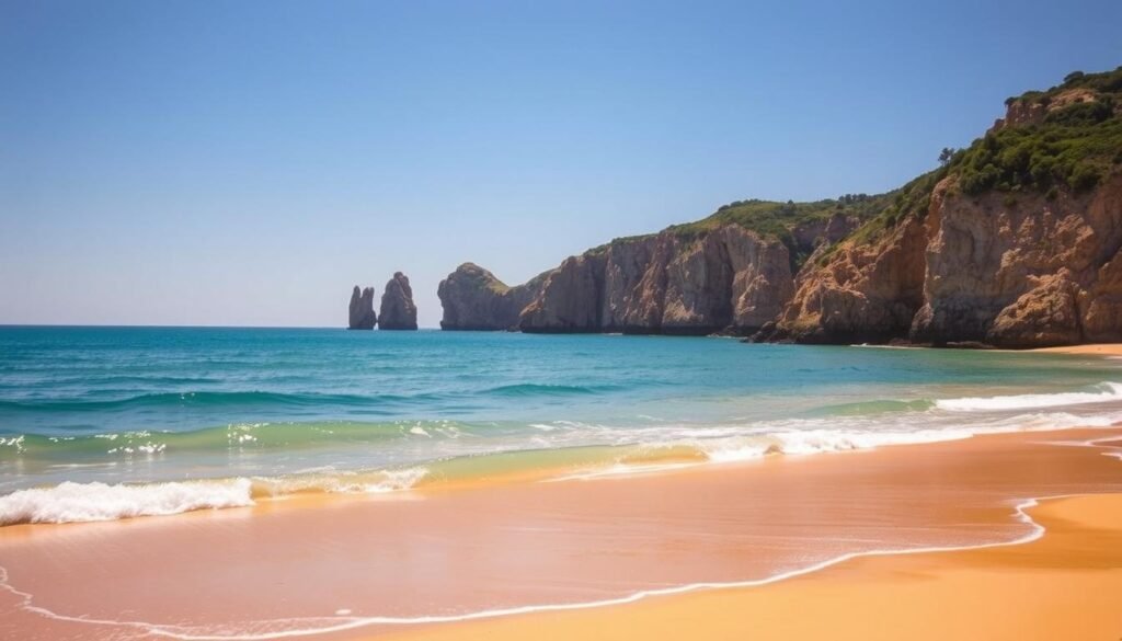 A sun-drenched coastal scene in Portugal, capturing the essence of the country's picturesque shores. In the foreground, pristine golden sands stretch out, inviting beachgoers to bask in the warmth. Mid-ground, gently lapping waves caress the shore, their turquoise hues reflecting the cloudless azure sky above. In the distance, rugged cliffs rise, their weathered faces adorned with lush, verdant foliage, creating a stunning natural backdrop. Warm, golden sunlight bathes the entire scene, casting a soft, ethereal glow and evoking a sense of tranquility and relaxation. The overall mood is one of serene beauty, capturing the allure of Portugal's coastal escapes that are sure to captivate any traveler.