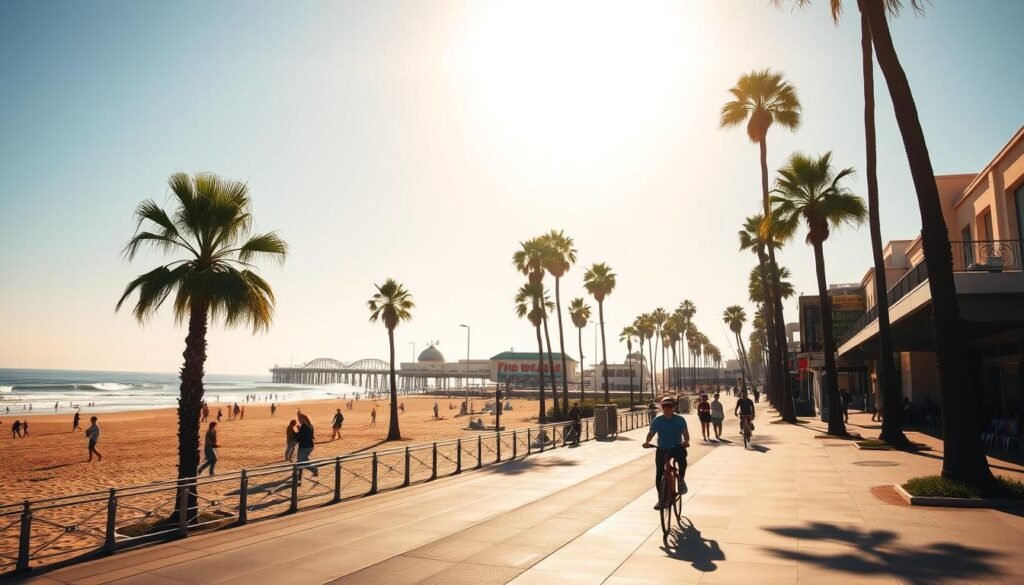 A sun-drenched coastal scene, the iconic Santa Monica Pier and Venice Beach Boardwalk come into view. In the foreground, a cyclist leisurely cruises along the breezy beachfront path, taking in the vibrant energy of the California coast. Towering palm trees sway gently in the ocean breeze, casting dappled shadows on the paved walkway. In the middle ground, beachgoers stroll, jog, and lounge on the golden sands, while the distant silhouettes of surfers dot the glistening waves. The scene is bathed in warm, golden light, creating a serene and inviting atmosphere that perfectly captures the laidback essence of this iconic Los Angeles destination.
