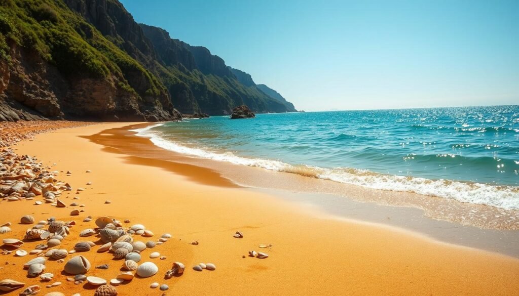 A sun-drenched coastal scene with a gently curving shoreline, framed by towering cliffs in the background. In the foreground, soft golden sand is dotted with seashells and tidal pools, reflecting the warm sunlight. The crystal-clear waters of the ocean stretch out to the horizon, sparkling with shimmering highlights. A light, salty breeze ruffles the surface, creating small waves that lap at the shore. Lush, verdant foliage clings to the cliffs, adding pops of vibrant green to the serene, natural landscape. The overall mood is one of tranquility and relaxation, inviting the viewer to imagine themselves strolling along the peaceful coast on a breezy summer day. A sun-drenched coastal scene with a gently curving shoreline, framed by towering cliffs in the background. In the foreground, soft golden sand is dotted with seashells and tidal pools, reflecting the warm sunlight. The crystal-clear waters of the ocean stretch out to the horizon, sparkling with shimmering highlights. A light, salty breeze ruffles the surface, creating small waves that lap at the shore. Lush, verdant foliage clings to the cliffs, adding pops of vibrant green to the serene, natural landscape. The overall mood is one of tranquility and relaxation, inviting the viewer to imagine themselves strolling along the peaceful coast on a breezy summer day.