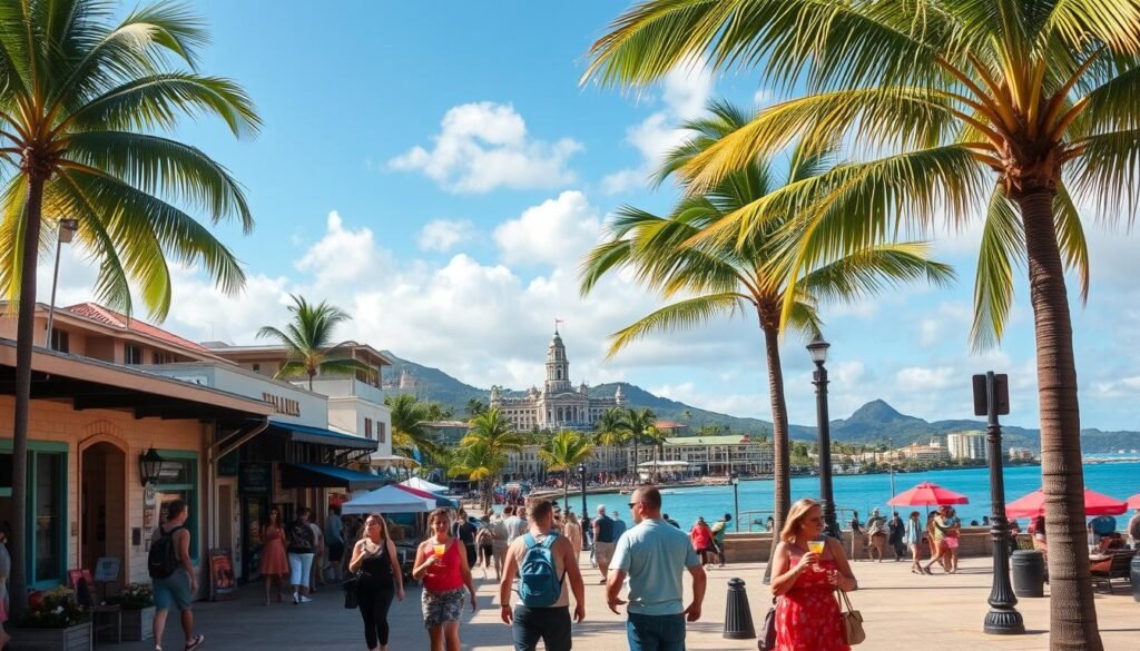 A sun-drenched coastal town nestled along the turquoise waters of Kailua Bay. Vibrant storefronts and open-air markets line the palm tree-shaded promenade, beckoning passersby to explore local crafts, fresh seafood, and island-inspired fashion. In the distance, the iconic Hulihe'e Palace stands tall, a grand reminder of Hawaii's royal heritage. Leisurely strollers sip refreshing mai tais as they meander past historical sites and idyllic beaches, capturing the laid-back charm of this seaside haven. A warm breeze carries the scent of tropical blooms, complementing the soft, golden light that bathes the scene in a dreamlike glow.