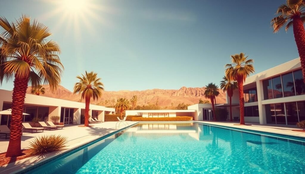 A sun-drenched, mid-century modern landscape in Palm Springs, California. In the foreground, a pristine turquoise pool is surrounded by palm trees swaying gently in the warm breeze. In the middle ground, sleek, pastel-colored buildings with clean lines and large windows reflect the retro-chic aesthetic of the desert town. In the distance, the rugged, ochre-colored Santa Rosa Mountains rise up against a clear, azure sky, creating a dramatic, cinematic backdrop. The scene is bathed in warm, golden light, casting long shadows and creating a sense of timeless, pool-perfect tranquility.
