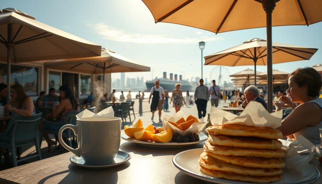 A sun-drenched outdoor cafe on the bustling Long Beach promenade, patrons enjoying a leisurely breakfast under the shade of umbrellas. The foreground features a table with a steaming cup of coffee, a stack of fluffy pancakes, and an array of fresh fruits. In the middle ground, people stroll by, some carrying paper-wrapped pastries. The background showcases the iconic Long Beach skyline, with the historic Queen Mary ship and the iconic Ferris wheel visible in the distance. The scene is bathed in a warm, golden light, evoking the relaxed, coastal atmosphere of this vibrant California city.