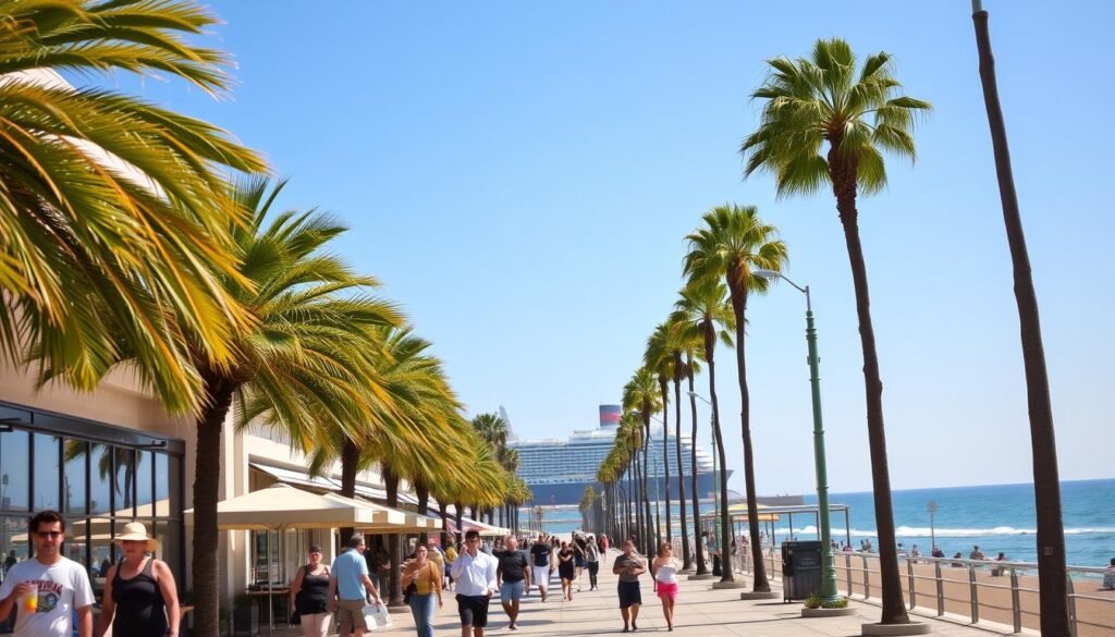 A sun-drenched promenade flanked by swaying palm trees, with the Pacific Ocean glistening in the distance. In the foreground, beachgoers leisurely stroll along the boardwalk, enjoying the laid-back SoCal vibe. Mid-frame, an outdoor cafe spills onto the sidewalk, its patrons sipping iced drinks and soaking in the coastal ambiance. In the background, the iconic Queen Mary ocean liner towers over the scene, a reminder of Long Beach's storied maritime history. The overall atmosphere is one of relaxation and easy-going charm, inviting the viewer to immerse themselves in the quintessential Long Beach waterfront experience.