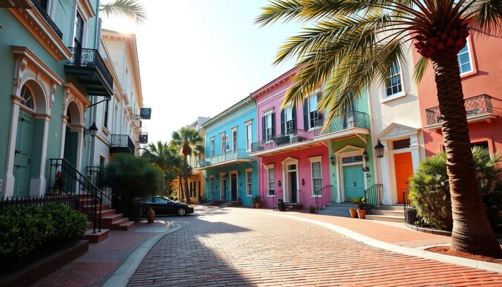 A sun-drenched row of pastel-hued houses, their vibrant facades lining the historic cobblestone streets of Charleston's East Bay. The ornate architectural details, from ornate doorways to wrought-iron balconies, glisten under the warm coastal light. In the foreground, a charming brick sidewalk leads the viewer's gaze towards the colorful row, inviting them to explore this iconic Charleston landmark. Wispy palm fronds sway gently in the breeze, adding to the serene, laid-back atmosphere. The overall scene radiates a sense of timeless Southern charm and picturesque beauty, capturing the essence of "Rainbow Row" as Charleston's most beloved and photogenic destination.