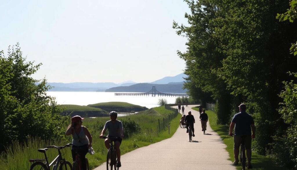 A sun-drenched scene along the serene Burlington Bike Path, winding through lush greenery beside the glistening waters of Lake Champlain. In the foreground, cyclists and pedestrians leisurely enjoy the scenic route, their silhouettes captured in a soft, natural light. The middle ground reveals the iconic Colchester Causeway in the distance, its wooden bridges and grassy embankments beckoning further exploration. The background showcases the majestic Green Mountains, their peaks casting long shadows over the tranquil landscape. The overall atmosphere exudes a sense of tranquility and outdoor adventure, perfectly capturing the essence of this beloved recreational destination.