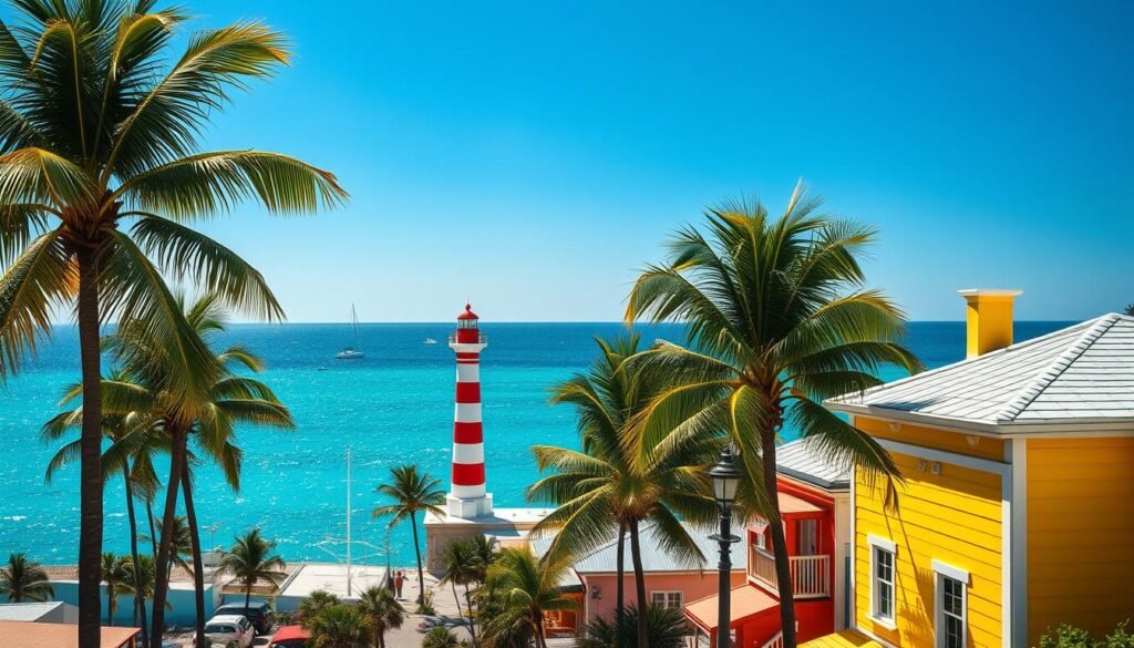 A sun-drenched scene of Key West, Florida, captured through the lens of a wide-angle camera. In the foreground, rows of brightly colored, quaint houses line the palm-tree-dotted streets, exuding a laid-back, island vibe. In the middle ground, the iconic Key West lighthouse stands tall, its red-and-white striped exterior gleaming in the warm, golden light. Beyond, the sparkling turquoise waters of the Gulf of Mexico stretch out, dotted with sailboats and yachts. The sky above is a deep, cloudless blue, creating a sense of tranquility and escape. This image perfectly encapsulates the vibrant, tropical essence of Key West and the Florida Keys.