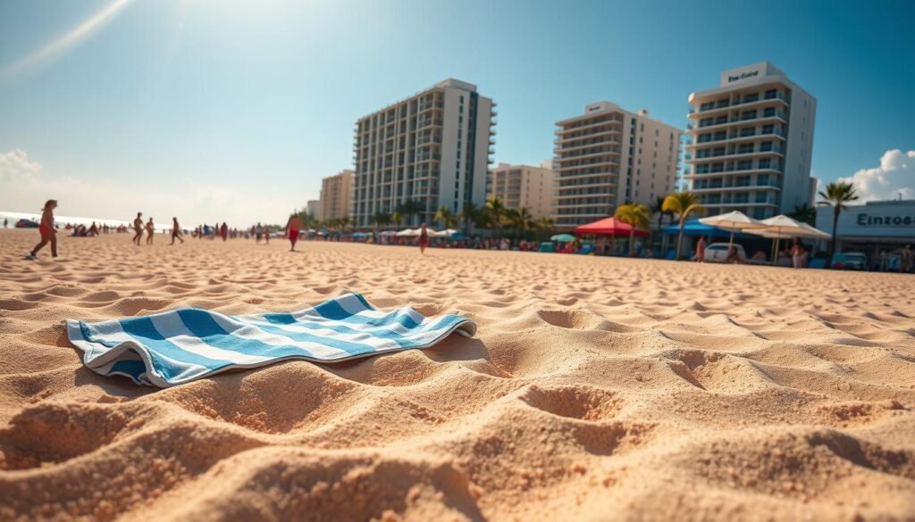 A sun-drenched stretch of Miami's iconic South Beach, the warm sand glistens under the afternoon rays. In the foreground, a lone beach towel lies casually, inviting visitors to sink their toes into the soft, golden grains. The middle ground reveals a vibrant scene - children building sandcastles, couples strolling hand-in-hand, and beach umbrellas dotting the landscape like colorful polka dots. In the distance, the turquoise waters of the Atlantic Ocean shimmer, framed by a backdrop of towering art deco buildings in pastel hues. A gentle breeze carries the scent of sunscreen and the faint sound of laughter, creating a quintessential Miami atmosphere of relaxation and joy.