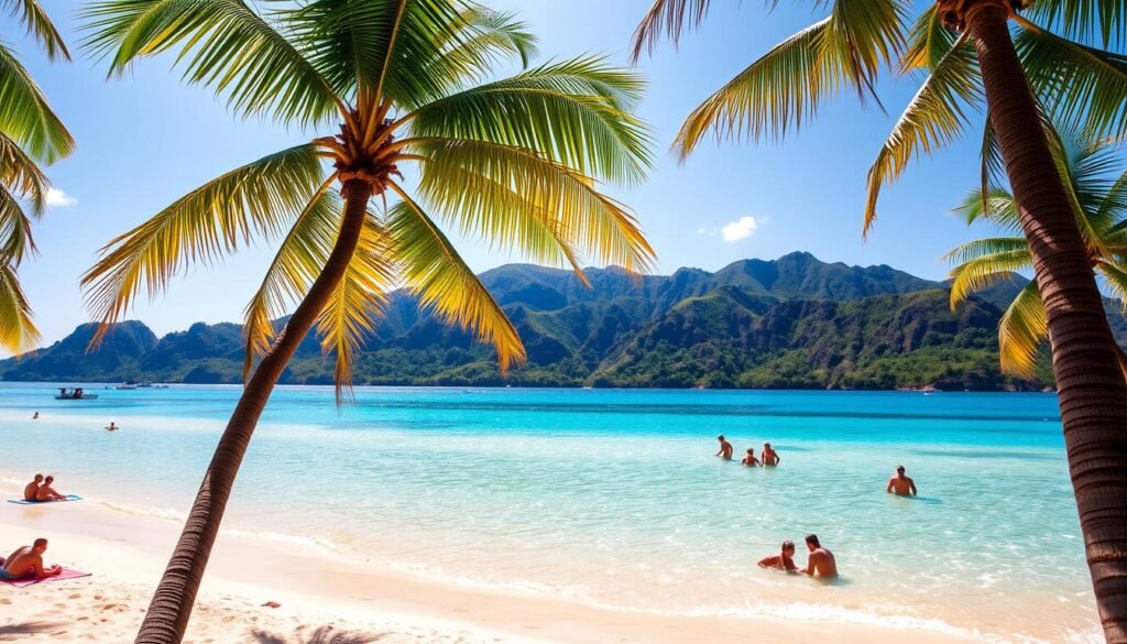 A sun-drenched tropical beach, with crystal-clear turquoise waters lapping against the soft, golden sand. In the foreground, towering palm trees sway gently in the warm breeze, casting dappled shadows across the serene scene. The middle ground features a handful of beach-goers relaxing on colorful beach towels, some wading in the shallows, others building sandcastles. In the distance, rugged, lush green hills rise up, creating a picturesque backdrop. The lighting is warm and natural, with the sun high in the sky, creating a sense of tranquility and relaxation. The overall mood is one of paradise, inviting the viewer to imagine themselves escaping to this idyllic warm-weather beach destination. A sun-drenched tropical beach, with crystal-clear turquoise waters lapping against the soft, golden sand. In the foreground, towering palm trees sway gently in the warm breeze, casting dappled shadows across the serene scene. The middle ground features a handful of beach-goers relaxing on colorful beach towels, some wading in the shallows, others building sandcastles. In the distance, rugged, lush green hills rise up, creating a picturesque backdrop. The lighting is warm and natural, with the sun high in the sky, creating a sense of tranquility and relaxation. The overall mood is one of paradise, inviting the viewer to imagine themselves escaping to this idyllic warm-weather beach destination.