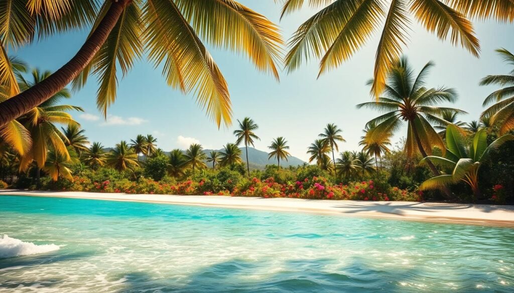 A sun-drenched tropical paradise, with swaying palm trees lining a pristine white-sand beach. In the foreground, crystal-clear turquoise waters lap gently against the shore, inviting visitors to dip their toes in the refreshing warmth. The middle ground features a lush, verdant landscape dotted with vibrant tropical flowers and foliage, creating a sense of lush, verdant serenity. In the background, a hazy silhouette of distant mountains or hills adds depth and dimension to the scene. The lighting is warm and golden, capturing the essence of a balmy, tranquil escape, perfect for those seeking a respite from the chill of autumn. Captured with a wide-angle lens to showcase the expansive, picturesque setting.