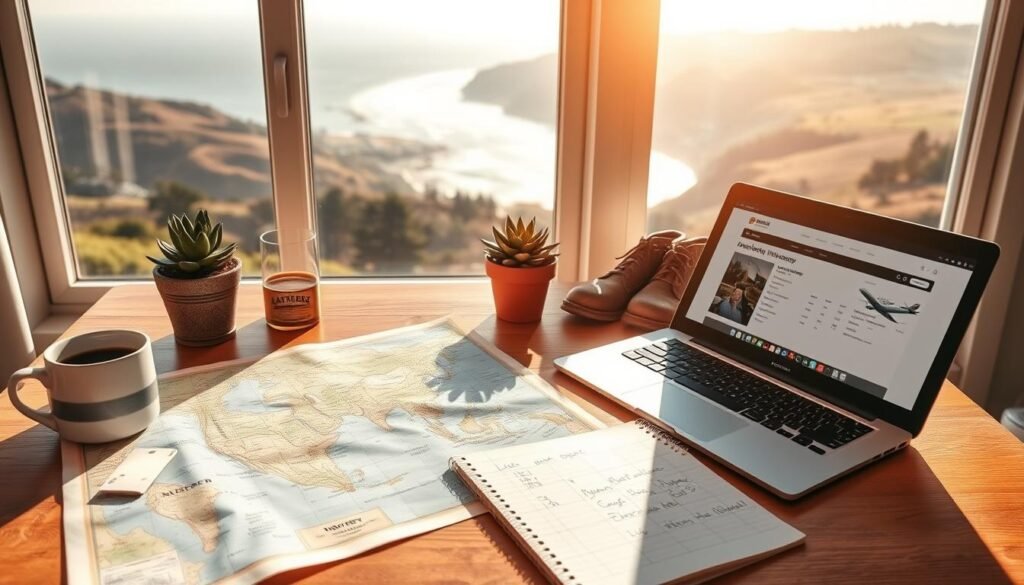A sun-drenched workspace with a vintage map, airline tickets, and a laptop open to an online travel planner. In the foreground, a cup of coffee and a notepad with scribbled itinerary ideas. The middle ground features a wooden desk with a potted succulent and a pair of well-worn hiking boots. The background showcases a panoramic view of the iconic Monterey coastline, with the rolling hills and cypress trees in the distance. The lighting is warm and inviting, creating a cozy, productive atmosphere for planning the ultimate Monterey adventure.