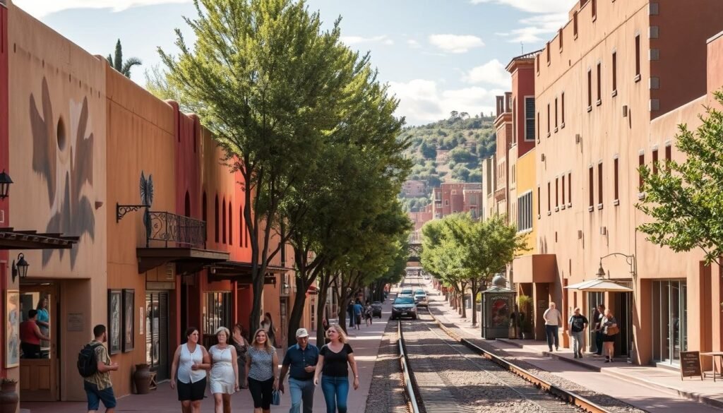 A sunny afternoon in Santa Fe's historic Canyon Road neighborhood, the winding street lined with adobe galleries, artisan shops, and local cafes. In the foreground, pedestrians stroll leisurely, admiring the vibrant murals and sculptures that adorn the walls. Further down, the iconic Santa Fe Southern Railway tracks cut through the scene, leading to the bustling Railyard district, its contemporary architecture and public spaces a lively contrast to the adobe charm. Soft, diffused lighting filters through the trees, casting a warm, inviting glow over the whole tableau. Capture the essence of this quintessential Santa Fe experience - a harmonious blend of old and new, art and community, in a single, evocative image. A sunny afternoon in Santa Fe's historic Canyon Road neighborhood, the winding street lined with adobe galleries, artisan shops, and local cafes. In the foreground, pedestrians stroll leisurely, admiring the vibrant murals and sculptures that adorn the walls. Further down, the iconic Santa Fe Southern Railway tracks cut through the scene, leading to the bustling Railyard district, its contemporary architecture and public spaces a lively contrast to the adobe charm. Soft, diffused lighting filters through the trees, casting a warm, inviting glow over the whole tableau. Capture the essence of this quintessential Santa Fe experience - a harmonious blend of old and new, art and community, in a single, evocative image.