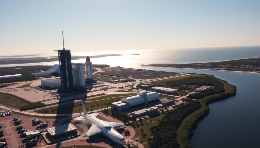 A sweeping aerial view of the iconic Kennedy Space Center, nestled along Florida's picturesque Space Coast. In the foreground, the towering launch pads and massive Vehicle Assembly Building stand in sharp silhouette against a bright, cloudless sky. In the middle ground, the expansive visitor complex bustles with guests exploring interactive exhibits and historical spacecraft. In the distance, the shimmering waters of the Banana River and the silhouette of the Cocoa Beach coastline create a serene, coastal backdrop. The scene is bathed in warm, golden light, conveying a sense of wonder, discovery, and the spirit of human exploration.