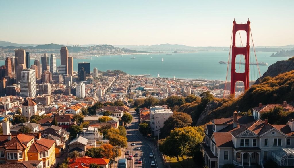 A sweeping cityscape of San Francisco, with the iconic Golden Gate Bridge soaring majestically in the foreground, its graceful arches and vibrant rust-colored towers framed against a backdrop of towering skyscrapers and historic Victorian homes cascading down the rolling hills. In the middle ground, the bustling streets are lined with cable cars navigating the steep inclines, while the bay glistens in the distance, dotted with sailboats and ferries. The scene is bathed in a warm, golden light, creating a sense of energy and vitality that captures the essence of this beloved California city.