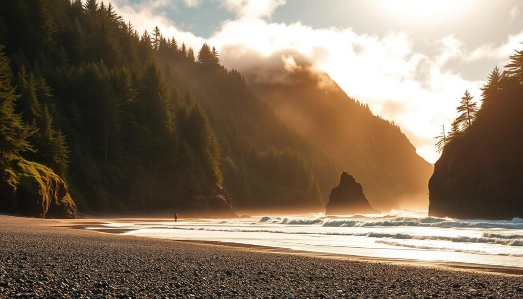 A sweeping coastal vista of the Oregon shore, with the rugged, wave-battered cliffs of Cascade Head rising majestically in the background. Lush, verdant forests cling to the slopes, their evergreen canopy framing the scene. In the foreground, a tranquil, pebble-strewn beach stretches out, with the gentle waves of the Pacific lapping at the shore. Warm, golden sunlight filters through wispy clouds, casting a soft, ethereal glow over the entire landscape. The mood is one of serene, untamed beauty, capturing the essence of this stunning, natural wonder on the Central Oregon Coast.