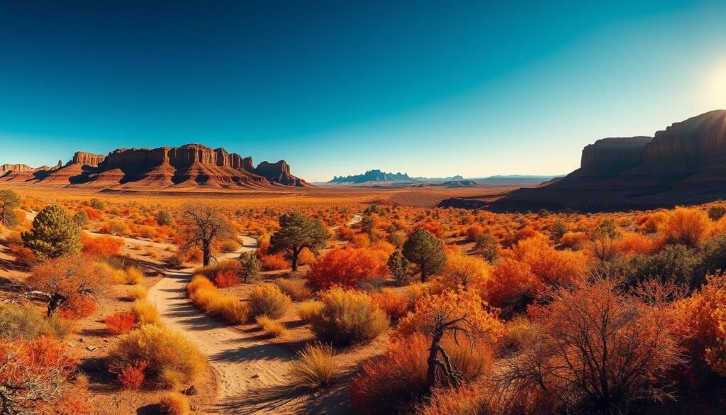 A sweeping landscape of the American Southwest in autumn, bathed in warm, golden light. In the foreground, a winding desert trail surrounded by vibrant hues of ochre, scarlet, and amber, dotted with gnarled pinyon pines and juniper. In the middle distance, rugged mesas and buttes rise up, their jagged silhouettes cutting against a cloudless azure sky. The soft, diffused sunlight casts long shadows, creating a sense of depth and drama. The overall mood is one of tranquility and wonder, capturing the unique high-desert beauty of this season in the Southwest.