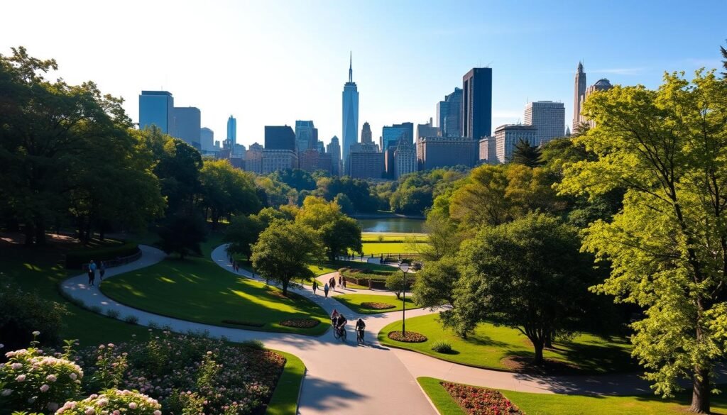 A sweeping panorama of Central Park in New York City, bathed in warm afternoon sunlight. In the foreground, lush greenery and blooming flowers line the winding pathways, inviting visitors to explore. The iconic skyscrapers of Manhattan's skyline rise majestically in the distance, creating a striking contrast between the tranquil urban oasis and the bustling city beyond. Joggers, cyclists, and strollers dot the scene, adding a sense of life and vibrancy. Towering trees cast gentle shadows, while a serene lake reflects the surrounding beauty. This timeless sanctuary offers a peaceful respite from the city's relentless energy, capturing the essence of New York's "backyard" in a single, captivating image. A sweeping panorama of Central Park in New York City, bathed in warm afternoon sunlight. In the foreground, lush greenery and blooming flowers line the winding pathways, inviting visitors to explore. The iconic skyscrapers of Manhattan's skyline rise majestically in the distance, creating a striking contrast between the tranquil urban oasis and the bustling city beyond. Joggers, cyclists, and strollers dot the scene, adding a sense of life and vibrancy. Towering trees cast gentle shadows, while a serene lake reflects the surrounding beauty. This timeless sanctuary offers a peaceful respite from the city's relentless energy, capturing the essence of New York's "backyard" in a single, captivating image.