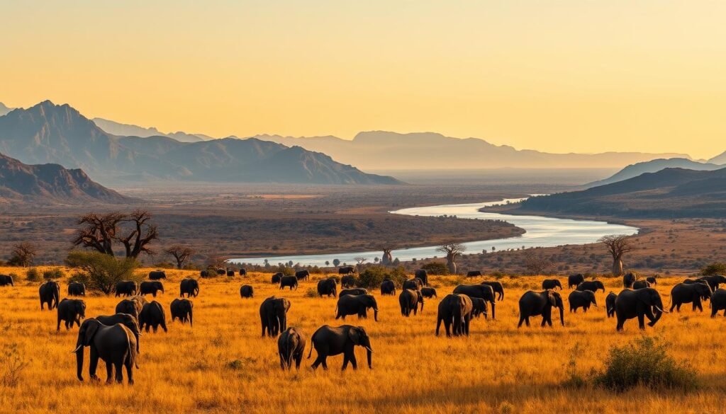 A sweeping panorama of Kruger National Park, South Africa's premier wildlife sanctuary. In the foreground, a herd of majestic African elephants grazes peacefully, their massive forms silhouetted against the golden savanna grasses. In the middle ground, a winding river reflects the vibrant blues of the cloudless sky, its banks dotted with towering baobab trees. Towards the horizon, rugged mountains rise, their peaks capped with a dusting of snow. Warm, diffused lighting bathes the scene, creating a sense of timeless tranquility. The image conveys the grandeur and natural splendor that draw visitors to this iconic African wilderness.