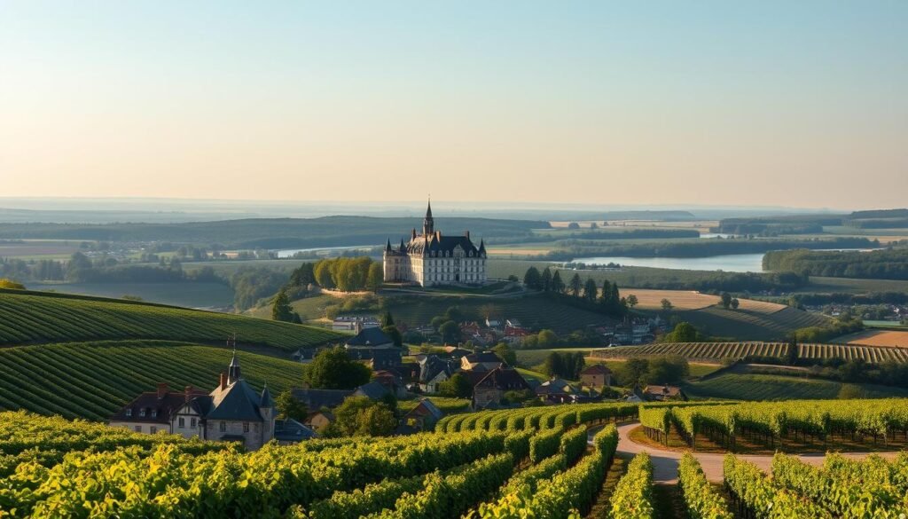 A sweeping panorama of the Loire Valley, a tapestry of lush vineyards and rolling hills dotted with stately châteaux. In the foreground, a picturesque village nestled between rows of grapevines, its charming stone buildings and winding cobblestone streets bathed in the warm glow of the setting sun. In the middle ground, a majestic château rises majestically, its turrets and towers reflected in the tranquil waters of a meandering river. The background is dominated by a soft, hazy horizon, where the silhouettes of distant forests and vineyards blend seamlessly with the azure sky. The scene exudes a sense of timeless elegance and slow-country living, inviting the viewer to step into the enchanting world of the Loire Valley.
