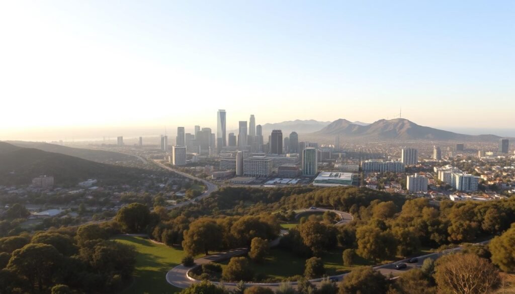 A sweeping panoramic view of Los Angeles, capturing the city's iconic skyline, nestled between the rolling hills and the shimmering Pacific Ocean. In the foreground, a lush urban park with vibrant greenery and winding paths, inviting visitors to explore. The middle ground features the towering skyscrapers of downtown LA, their glass facades reflecting the warm California sunlight. In the distance, the majestic Hollywood Hills rise up, dotted with the legendary Hollywood sign and the sprawling homes of the rich and famous. The scene is bathed in a soft, golden hue, creating a serene and inviting atmosphere. A wide-angle lens and a high vantage point offer a breathtaking perspective, showcasing the city's natural beauty and architectural splendor.