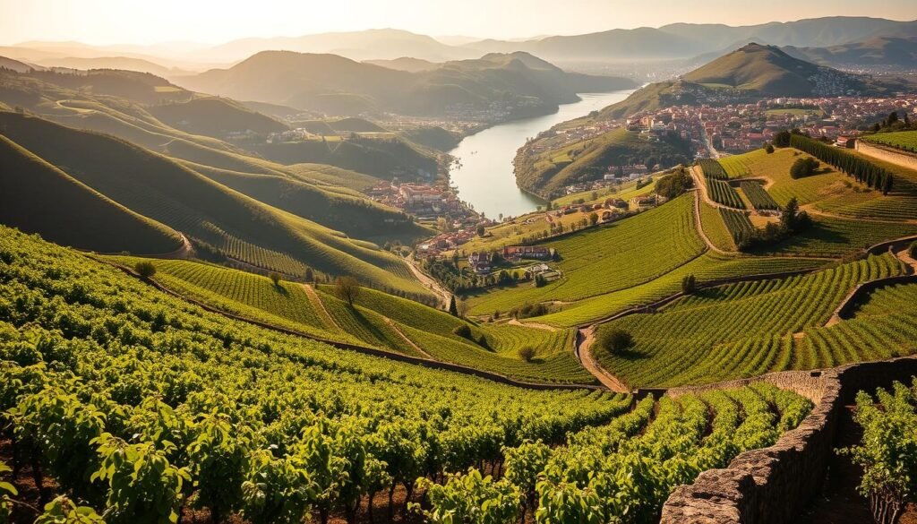 A sweeping, picturesque vista of the Douro Valley in northern Portugal. In the foreground, lush, verdant vineyards cascade down rolling hills, their neat rows punctuated by weathered stone walls. In the middle ground, the winding Douro River cuts through the landscape, its shimmering waters reflecting the surrounding slopes and historic quintas. Atop the hills, clusters of charming, terracotta-roofed villages nestle between groves of olive and almond trees. Bathed in warm, golden sunlight, the scene evokes a timeless, rustic charm, perfectly capturing the essence of Portugal's famed wine country and inland heritage.