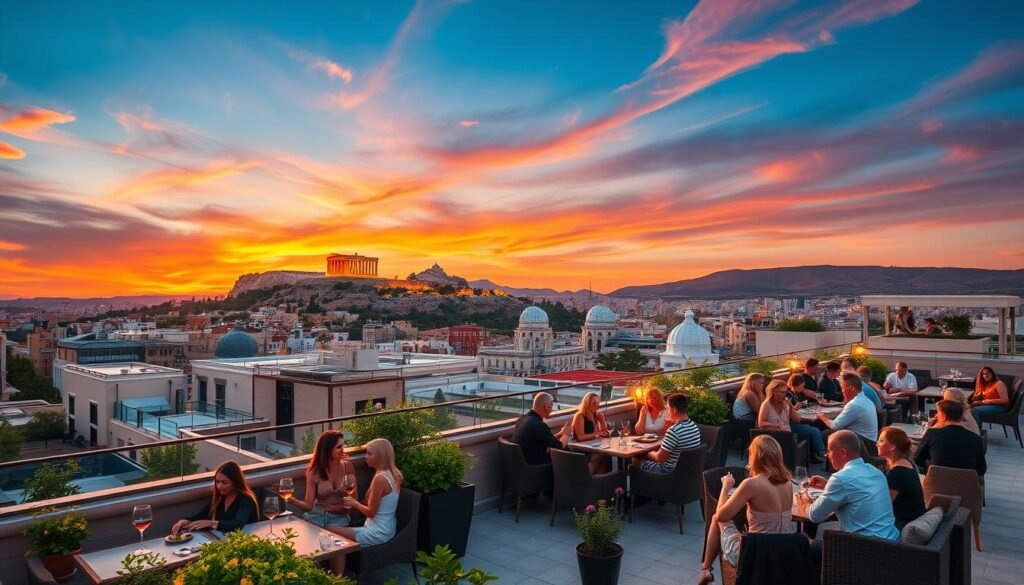 A sweeping vista of Athens' iconic skyline, bathed in the golden glow of a breathtaking sunset. In the foreground, a bustling rooftop terrace, replete with cozy lounge furniture and lush greenery. Patrons sip local wines, their gaze transfixed on the majestic Acropolis silhouetted against a vibrant, painted sky. The middle ground reveals the charming mix of ancient and modern architecture, with domed roofs and sleek high-rises mingling harmoniously. In the distance, the rolling hills of the Attic landscape provide a stunning natural backdrop, creating a serene and picturesque scene. Capture this perfect moment of tranquility and wonder, as the city prepares to bid farewell to the day with a breathtaking sunset.