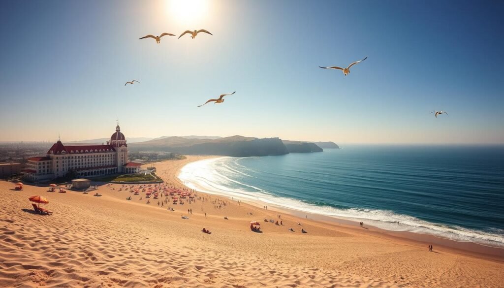 A sweeping vista of Coronado Beach, San Diego, captured through a wide-angle lens. The foreground features soft, golden sand dotted with sun-seekers lounging under vibrant beach umbrellas. The middle ground showcases the iconic Hotel del Coronado, its red-roofed towers and Victorian architecture reflecting in the glistening azure waters of the Pacific Ocean. In the background, the rugged cliffs of Coronado Island rise, shrouded in a warm, hazy glow from the setting sun. Seagulls soar overhead, lending a sense of tranquility and coastal charm to the scene. The overall mood is one of relaxation, beauty, and the quintessential California beach experience. A sweeping vista of Coronado Beach, San Diego, captured through a wide-angle lens. The foreground features soft, golden sand dotted with sun-seekers lounging under vibrant beach umbrellas. The middle ground showcases the iconic Hotel del Coronado, its red-roofed towers and Victorian architecture reflecting in the glistening azure waters of the Pacific Ocean. In the background, the rugged cliffs of Coronado Island rise, shrouded in a warm, hazy glow from the setting sun. Seagulls soar overhead, lending a sense of tranquility and coastal charm to the scene. The overall mood is one of relaxation, beauty, and the quintessential California beach experience.