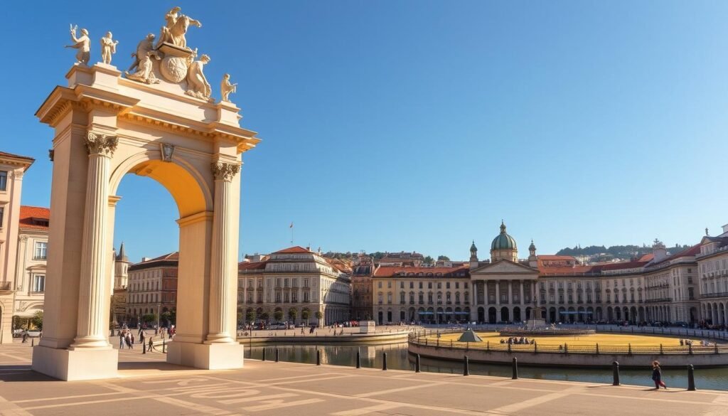 A sweeping vista of Praça do Comércio, the grand public square in the heart of Lisbon, Portugal. In the foreground, the iconic Arco da Rua Augusta stands tall, its ornate columns and statues bathed in warm, golden sunlight. The middle ground reveals the elegant, pastel-colored buildings lining the square, their historic facades reflected in the calm waters of the Tejo River. In the background, the spires and domes of Lisbon's skyline rise up, creating a picturesque silhouette against a clear, azure sky. The scene conveys a sense of timeless grandeur and civic pride, inviting the viewer to imagine strolling through this magnificent, rebuilt center of the city.