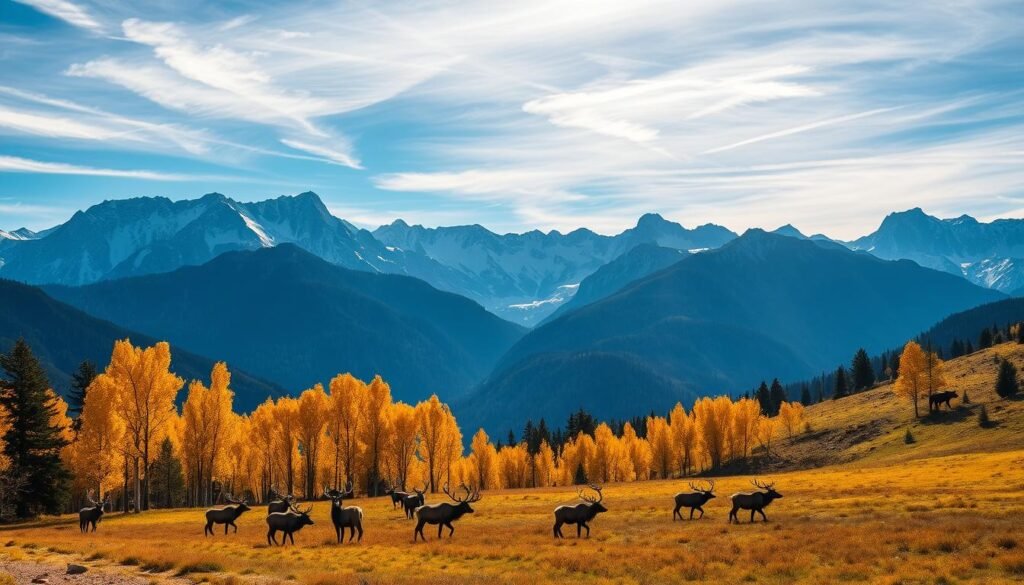 A sweeping vista of Rocky Mountain National Park in Colorado, featuring majestic snow-capped peaks against a vibrant azure sky. In the foreground, a golden canopy of aspen trees glows in the warm autumn sunlight, their leaves rustling in a gentle breeze. Herds of elk graze peacefully in the lush meadows, their antlers silhouetted against the rolling hills. The scene is illuminated by soft, natural lighting, captured with a wide-angle lens to showcase the park's grandeur. Convey the serene, awe-inspiring atmosphere of this iconic autumn landscape.