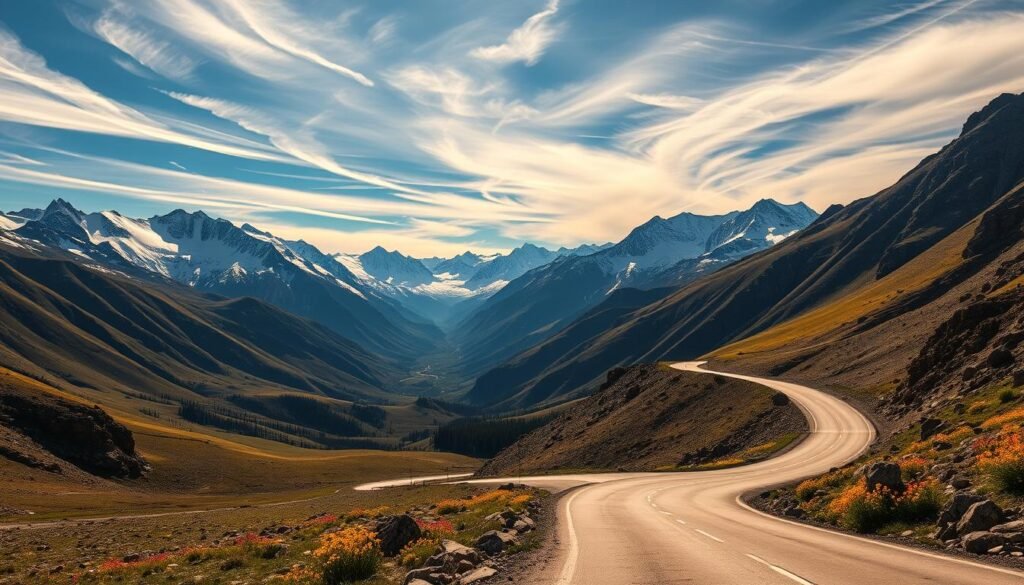 A sweeping vista of the Beartooth Highway, with majestic snow-capped peaks rising in the background. In the foreground, a winding mountain road snakes through a rugged, alpine landscape dotted with vibrant wildflowers. The sky is a brilliant blue, with wispy clouds drifting overhead, casting gentle shadows across the scene. The lighting is warm and golden, creating a sense of tranquility and awe. Captured through the lens of a high-quality DSLR camera, this image showcases the breathtaking natural beauty of this iconic Montana driving route, inviting the viewer to embark on a thrilling high-altitude adventure.