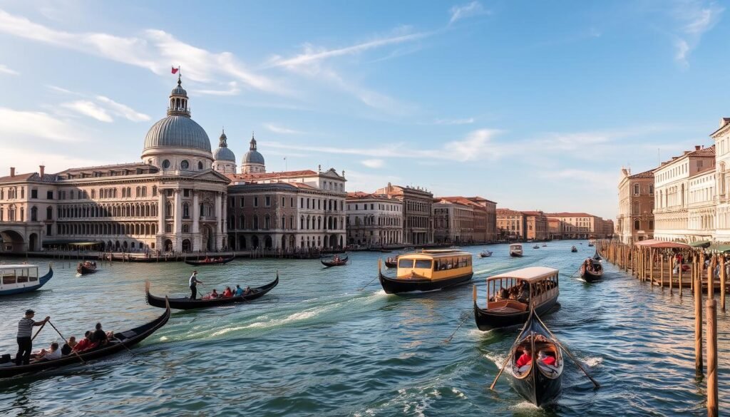 A sweeping vista of the iconic Grand Canal in Venice, Italy. Gondolas glide along the sparkling waters, their rowers deftly navigating the historic waterway. Majestic Renaissance-era palaces and churches line the banks, their ornate facades bathed in warm, golden sunlight. The scene is framed by a clear, azure sky, with wispy clouds drifting overhead. A classic vaporetto, the city's public waterbus, cuts across the canal, its passengers admiring the enchanting sights. The atmosphere is one of timeless elegance and tranquility, capturing the essence of Venice's enduring charm.