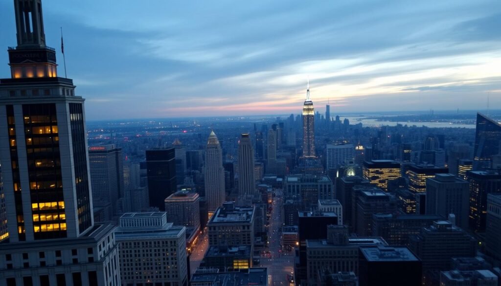 A sweeping vista of the iconic Rockefeller Center skyline, captured from the Top of the Rock observation deck. In the foreground, the Art Deco architecture and shimmering glass facades of the landmark buildings glisten in the evening light. The middle ground reveals the bustling city streets below, alive with the energy of holiday shoppers and sightseers. In the distance, the towering skyscrapers of Midtown Manhattan stretch towards the horizon, their lights twinkling like stars against the dusky, atmospheric sky. A sense of awe and wonder permeates the scene, showcasing the grandeur and vibrancy of New York City from this celebrated vantage point.