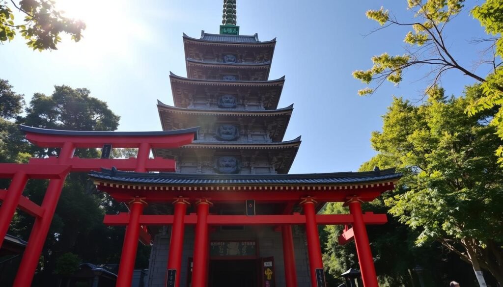 A towering, ancient Shinto shrine stands majestically against a backdrop of vibrant red torii gates, their imposing presence commanding attention. The ornate architecture features intricately carved lion-headed structures, their fierce expressions imbuing the scene with a sense of power and mysticism. Gentle sunlight filters through the lush greenery surrounding the shrine, casting a warm, ethereal glow and highlighting the intricate details of the structure. The tranquil atmosphere invites visitors to pause and immerse themselves in the rich cultural heritage of this renowned spiritual landmark, the Namba Yasaka Jinja, a true gem in the heart of Osaka.