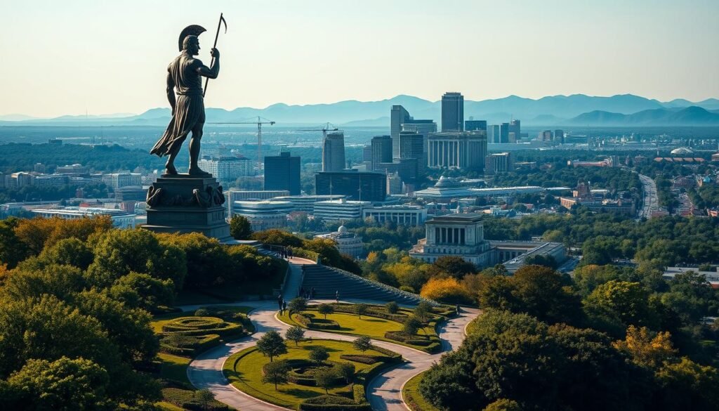 A towering bronze statue of the Roman god Vulcan stands proudly atop Vulcan Park, overlooking the bustling city of Birmingham, Alabama. The figure's powerful stance and muscular form are illuminated by warm, golden sunlight, casting long shadows across the carefully manicured grounds. In the foreground, a series of winding paths lead visitors through lush, verdant gardens, inviting exploration. In the middle ground, the city skyline rises up, a mix of modern skyscrapers and historic architecture. In the distance, the Blue Ridge Mountains provide a picturesque backdrop, their peaks softly fading into the hazy horizon. The overall scene evokes a sense of grand civic pride and the enduring spirit of this vibrant Southern city.