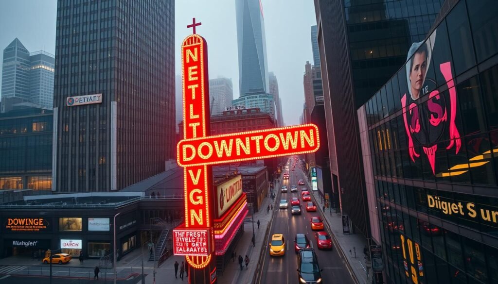 A towering, illuminated downtown sign stands prominently against a backdrop of sleek skyscrapers and bustling city streets. The sign's bold, neon-lit letters emit a warm glow, casting a vibrant, metropolitan atmosphere over the scene. Pedestrians and vehicles move with a sense of purpose, creating a captivating, big-city energy. The camera angle is elevated, offering a bird's-eye view that showcases the sign's dominance and the city's dynamic urban landscape. Crisp, high-contrast lighting accentuates the architectural details, while a soft, hazy ambiance lends a dreamlike quality to the overall composition.
