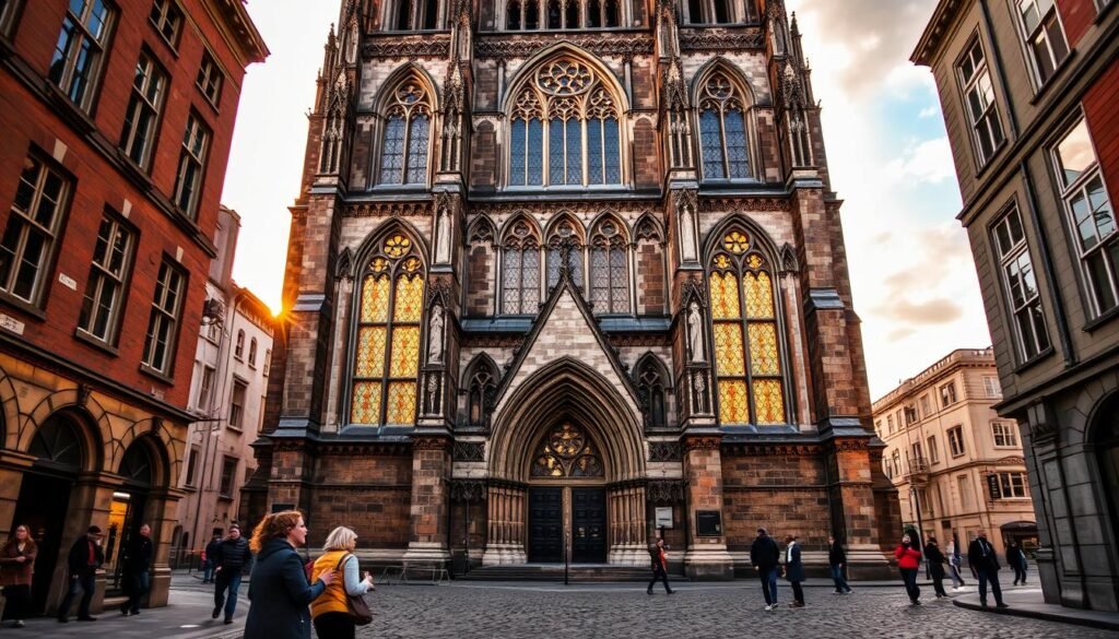 A towering medieval cathedral stands proud, its intricate Gothic architecture a testament to faith and history. Stained glass windows filter warm, golden light onto the cobblestone streets below, casting a serene, reverent atmosphere. In the foreground, a group of people pause to admire the facade, their expressions a mix of wonder and contemplation. The scene captures the timeless essence of Dublin's spiritual and architectural legacy, inviting the viewer to step back in time and immerse themselves in the rich tapestry of the city's past. A towering medieval cathedral stands proud, its intricate Gothic architecture a testament to faith and history. Stained glass windows filter warm, golden light onto the cobblestone streets below, casting a serene, reverent atmosphere. In the foreground, a group of people pause to admire the facade, their expressions a mix of wonder and contemplation. The scene captures the timeless essence of Dublin's spiritual and architectural legacy, inviting the viewer to step back in time and immerse themselves in the rich tapestry of the city's past.