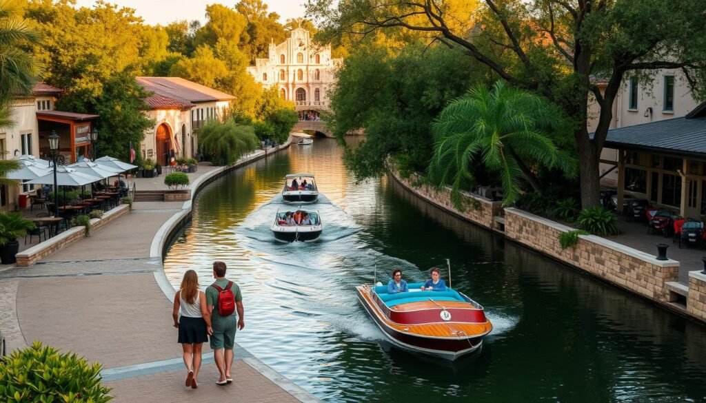 A tranquil River Walk in San Antonio, the picturesque urban waterway lined with lush greenery, cobblestone paths, and charming cafes. In the foreground, a couple strolling hand-in-hand, taking in the serene atmosphere. Midground, boats gently cruising along the calm waters, their passengers enjoying the sights. In the background, the iconic Spanish mission-style architecture of the nearby buildings, bathed in the warm glow of the afternoon sun. The scene exudes a sense of relaxation and discovery, inviting viewers to immerse themselves in the unique charm of this beloved San Antonio attraction. A tranquil River Walk in San Antonio, the picturesque urban waterway lined with lush greenery, cobblestone paths, and charming cafes. In the foreground, a couple strolling hand-in-hand, taking in the serene atmosphere. Midground, boats gently cruising along the calm waters, their passengers enjoying the sights. In the background, the iconic Spanish mission-style architecture of the nearby buildings, bathed in the warm glow of the afternoon sun. The scene exudes a sense of relaxation and discovery, inviting viewers to immerse themselves in the unique charm of this beloved San Antonio attraction.