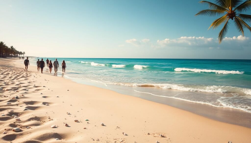 A tranquil beach scene at Cocoa Beach, Florida on a warm, sunny day. The foreground features soft, golden sand dotted with scattered seashells and gently lapping waves. In the middle ground, beachgoers stroll along the shoreline, some pausing to dip their toes in the crystal-clear turquoise waters of the Atlantic Ocean. The background showcases a picturesque coastline of palm trees swaying in the light breeze, framing the scene. Warm, diffused lighting casts a serene, almost dreamlike quality over the entire composition, inviting the viewer to imagine the sights, sounds, and sensations of a perfect day at the beach. A tranquil beach scene at Cocoa Beach, Florida on a warm, sunny day. The foreground features soft, golden sand dotted with scattered seashells and gently lapping waves. In the middle ground, beachgoers stroll along the shoreline, some pausing to dip their toes in the crystal-clear turquoise waters of the Atlantic Ocean. The background showcases a picturesque coastline of palm trees swaying in the light breeze, framing the scene. Warm, diffused lighting casts a serene, almost dreamlike quality over the entire composition, inviting the viewer to imagine the sights, sounds, and sensations of a perfect day at the beach.