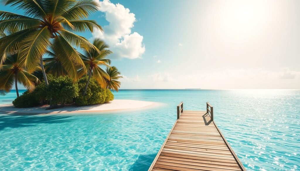 A tranquil coastal island nestled in a tropical paradise. Swaying palm trees frame the pristine white-sand beach, leading to crystal-clear turquoise waters. In the foreground, a wooden pier extends into the shimmering sea, inviting visitors to bask in the serene atmosphere. The sun casts a warm, golden glow, illuminating the lush foliage and creating long, soft shadows. Fluffy clouds dot the azure sky, hinting at the perfect weather for an idyllic island escape. The overall scene exudes a sense of relaxation, solitude, and the rejuvenating power of nature.