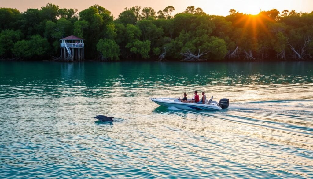 A tranquil dolphin tour along the scenic waterways of Panama City, Florida. In the foreground, a small boat glides across the sparkling turquoise waters, its passengers eagerly scanning the surface for glimpses of the graceful marine mammals. The middle ground features lush, verdant mangrove forests lining the banks, their tangled roots reflected in the calm, mirror-like surface. The background showcases the warm, hazy glow of the setting sun, casting a golden hue over the entire scene. The atmosphere is serene and peaceful, inviting the viewer to imagine the sights and sounds of this captivating dolphin tour experience.