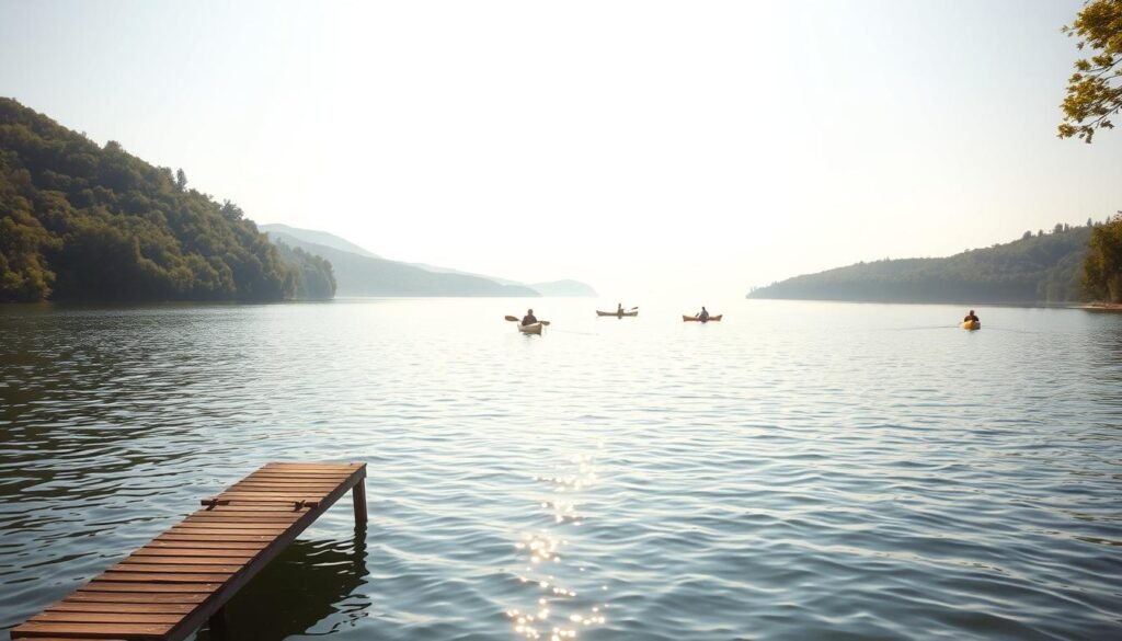 A tranquil lake nestled amidst lush, verdant hills, with gentle ripples reflecting the warm glow of a summer sun. In the foreground, a small wooden dock extends into the calm waters, inviting visitors to dip their toes and take in the serene atmosphere. The middle ground features a few kayaks or canoes drifting lazily, their occupants immersed in the beauty of their surroundings. In the background, a soft haze obscures the distant shoreline, creating a sense of peaceful isolation. The lighting is natural and golden, casting a warm, inviting ambiance over the entire scene. Captured with a wide-angle lens, this image conveys the idyllic charm of a Great Lakes weekend getaway. A tranquil lake nestled amidst lush, verdant hills, with gentle ripples reflecting the warm glow of a summer sun. In the foreground, a small wooden dock extends into the calm waters, inviting visitors to dip their toes and take in the serene atmosphere. The middle ground features a few kayaks or canoes drifting lazily, their occupants immersed in the beauty of their surroundings. In the background, a soft haze obscures the distant shoreline, creating a sense of peaceful isolation. The lighting is natural and golden, casting a warm, inviting ambiance over the entire scene. Captured with a wide-angle lens, this image conveys the idyllic charm of a Great Lakes weekend getaway.