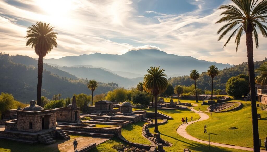 A tranquil national historical park nestled amid lush, verdant hills, bathed in warm, golden sunlight filtering through wispy clouds. In the foreground, ancient stone structures and weathered ruins stand as silent sentinels, their timeless elegance evoking the rich history of the land. Towering palm trees sway gently, their fronds casting dappled shadows on the well-worn pathways winding through the site. In the distance, a majestic mountain range rises, its peaks shrouded in a soft, hazy mist, adding to the sense of timeless wonder. The overall atmosphere is one of reverence and contemplation, inviting the viewer to step back in time and immerse themselves in the legacy of this hallowed place.