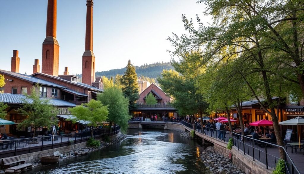 A tranquil river flows through the heart of the historic Old Mill District in Bend, Oregon. Towering brick chimneys and weathered wooden beams from the old timber mills stand tall, casting warm shadows over the lively shops, cafes, and galleries below. The Deschutes River gently winds its way through the district, inviting visitors to stroll along the tree-lined pathways and enjoy the serene riverside ambiance. Soft natural light filters through the canopy of trees, illuminating the vibrant colors of the local artwork and the cozy outdoor seating areas. The overall atmosphere is one of rustic charm, where the past and present harmoniously converge, creating an idyllic setting for exploring, relaxing, and embracing the unique character of this iconic Bend destination.