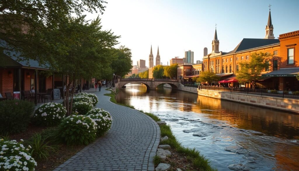 A tranquil river walk along the banks of the Pearl District, San Antonio. The foreground features a cobblestone path winding through lush greenery and blooming flowers. Quaint bridges arch over the gently flowing waters, reflecting the warm sunlight. In the middle ground, historic brick buildings and charming cafes line the riverbanks, evoking a timeless, picturesque atmosphere. The background showcases the district's skyline, with modern high-rises and church spires rising up against a clear, azure sky. Soft, diffused lighting casts a serene, golden glow over the entire scene, inviting visitors to stroll, dine, and immerse themselves in the neighborhood's character and charm. A tranquil river walk along the banks of the Pearl District, San Antonio. The foreground features a cobblestone path winding through lush greenery and blooming flowers. Quaint bridges arch over the gently flowing waters, reflecting the warm sunlight. In the middle ground, historic brick buildings and charming cafes line the riverbanks, evoking a timeless, picturesque atmosphere. The background showcases the district's skyline, with modern high-rises and church spires rising up against a clear, azure sky. Soft, diffused lighting casts a serene, golden glow over the entire scene, inviting visitors to stroll, dine, and immerse themselves in the neighborhood's character and charm.