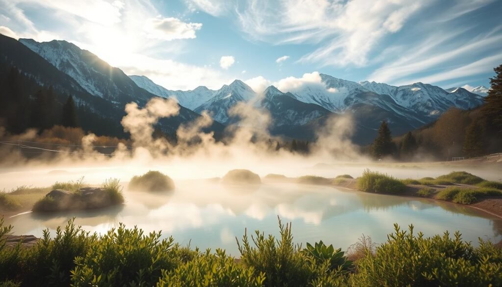 A tranquil scene of Bozeman Hot Springs nestled in the majestic Rocky Mountains. In the foreground, a serene pool of steaming geothermal waters, surrounded by lush, verdant vegetation. Towering peaks dusted with snow rise up in the background, creating a breathtaking natural backdrop. Warm, golden light filters through wispy clouds, casting a soft, inviting glow over the entire landscape. The atmosphere is one of relaxation and rejuvenation, perfect for weary travelers seeking a moment of respite in Montana's rugged, beautiful wilderness.