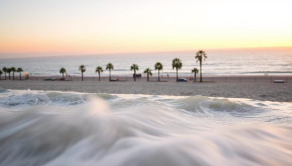 A tranquil scene of Long Beach's picturesque waterfront unfolds before the viewer. In the foreground, gentle waves caress the sandy shore, their motion captured in a soft, ethereal blur. The middle ground features a line of swaying palm trees, their fronds dancing in the coastal breeze. In the distance, the vast Pacific Ocean stretches out, its horizon bathed in warm, golden light from the setting sun. The overall atmosphere conveys a sense of serene relaxation, inviting the viewer to imagine themselves strolling along the promenade or enjoying a leisurely afternoon by the water.