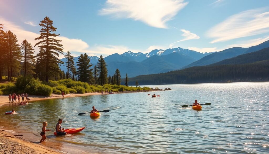 A tranquil scene unfolds at the shores of picturesque Lake George. In the foreground, families enjoy a range of activities - kayakers glide across the sparkling waters, while children splash and play on the sandy beaches. The middle ground features a lush green shoreline dotted with tall pines, their branches swaying gently in the warm breeze. In the background, majestic mountains rise, their peaks capped with a dusting of snow, reflecting the azure sky above. Warm, golden sunlight filters through wispy clouds, casting a soft, dreamlike glow over the entire landscape. The scene evokes a sense of relaxation, adventure, and the beauty of nature at its finest.