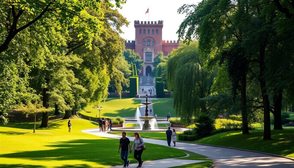 A tranquil stroll through the verdant Castello Sforzesco park, the historic heart of Milan. Sunlight filters through the lush canopy of trees, casting a warm glow on the winding paths. In the foreground, couples and families amble leisurely, taking in the serene ambiance. Ahead, the imposing red brick facade of the Castello Sforzesco castle looms, a testament to the city's storied past. The middle ground is dotted with ornate fountains and statues, inviting exploration. In the distance, the greenery seamlessly transitions into the sprawling Parco Sempione, Milan's cherished urban oasis. The scene evokes a sense of timelessness, where the past and present coexist in perfect harmony. A tranquil stroll through the verdant Castello Sforzesco park, the historic heart of Milan. Sunlight filters through the lush canopy of trees, casting a warm glow on the winding paths. In the foreground, couples and families amble leisurely, taking in the serene ambiance. Ahead, the imposing red brick facade of the Castello Sforzesco castle looms, a testament to the city's storied past. The middle ground is dotted with ornate fountains and statues, inviting exploration. In the distance, the greenery seamlessly transitions into the sprawling Parco Sempione, Milan's cherished urban oasis. The scene evokes a sense of timelessness, where the past and present coexist in perfect harmony.